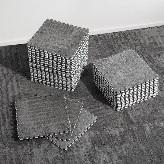 36 Pcs Plush Interlocking Carpet Tiles, Non-Toxic Shaggy Foam Carpet Tiles for Toddler Baby, Machine-Washable, Anti-Slip, EVA Foam Interlocking Tiles for Floor, Nursery, Playroom, Grey