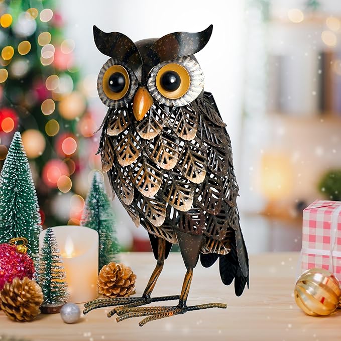 Shorayn Garden Statue Metal Owl Yard Art Outdoor Decor with Solar LED Lights for Patio Lawn Decoration Great Gifts