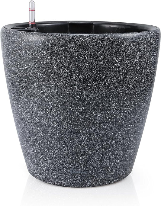 Dexceder 13x12 Self Watering Planter with Wheels Indoor Outdoor, Inner Pot Design, Thickened Large Floor Standing Flower Plant Pot with Water Level Indicator (Stone Matte)