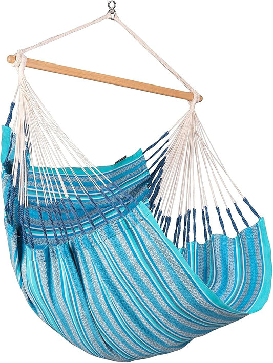 La Siesta® Large Comfort Habana Cotton Hanging Hammock Chair, Indoor Outdoor Hammock Swing Chair, Boho Hanging Chair Bedroom Patio, Max 285 Lbs, Azure