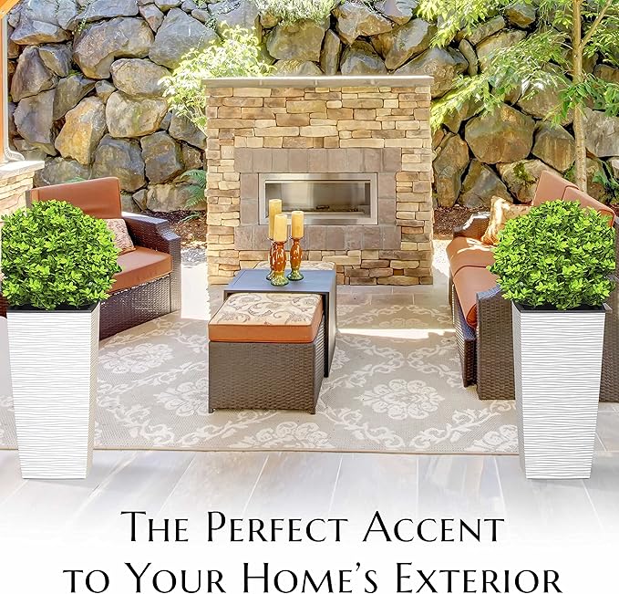 Mueller M-Resin Heavy Duty Tall Planter, Indoor/Outdoor Grande Plant, Tree, Flower Pot, 2-Piece Set, 24”, Modern Design, Built-in Drainage, White