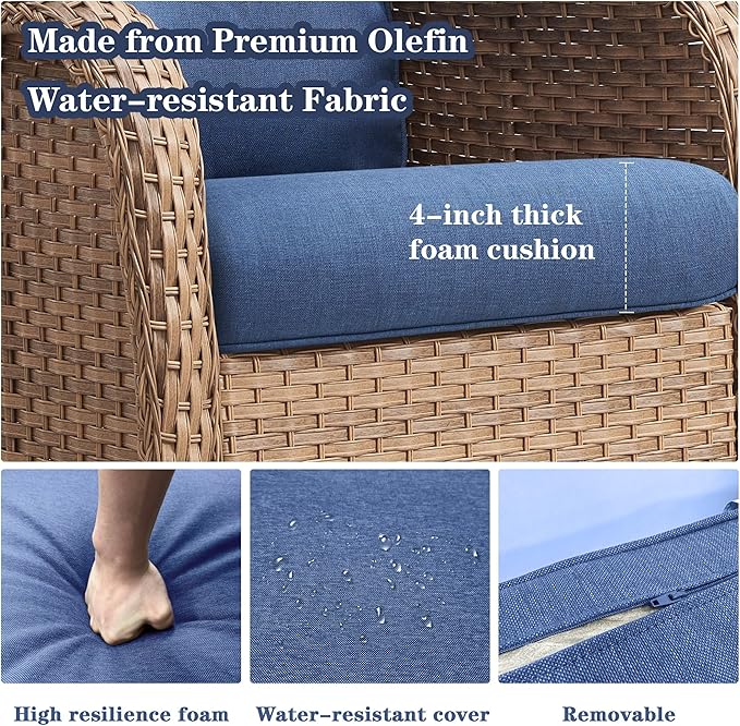 Wicker Outdoor Furniture Patio Furniture Set - 6 Piece Patio Conversation Set with Swivel Rocker Chairs, Loveseat Sofa, Ottomans and Coffee Table, Blue Cushion