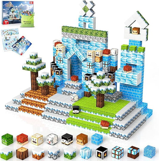 150PCS Magnetic Blocks-Magnetic Building Blocks Magnet Toys Set Stacking Snow Mountain World with Magnet Construction Toys STEM Sensory Gift for Kids Toddlers Boys & Girls Birthday Gifts Ages 3+