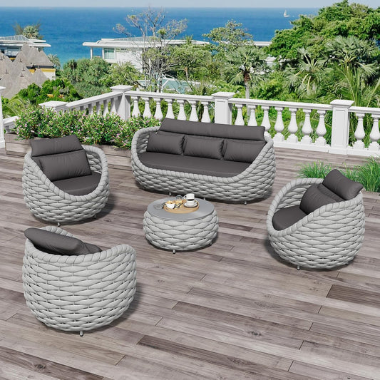 Aluminum Outdoor Patio Couch Set: 5 Pieces Woven Rope Porch Furniture Sofa Set Cushioned - Metal Modern Deck Conversation Set - All Weather Assembled Courtyard Seating for Backyard Pool Hotel