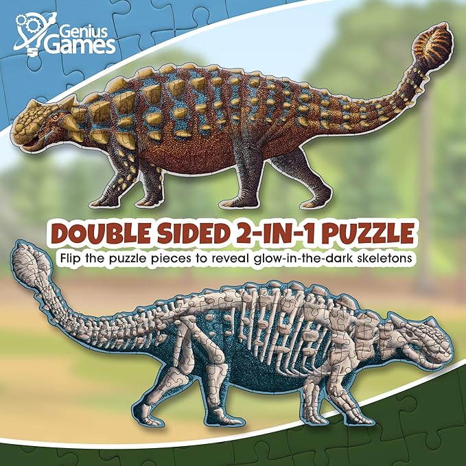 Ankylosaurus Dinosaur Jigsaw Puzzle | 100-Piece Double Sided Floor Puzzle with Glow-in-The-Dark Skeleton On Other Side | 4 FT Scientifically Accurate Dino Illustration | Educational Toy for Kids