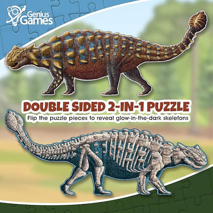 Ankylosaurus Dinosaur Jigsaw Puzzle | 100-Piece Double Sided Floor Puzzle with Glow-in-The-Dark Skeleton On Other Side | 4 FT Scientifically Accurate Dino Illustration | Educational Toy for Kids