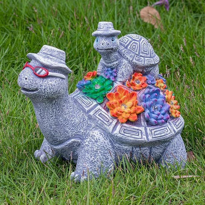 Solar Turtles for Outdoors -Cute Turtle Figurines with Baby for Yard Decorations Outdoor - Ideal for Anniversaries, Christmas, Birthdays, Gift for Mom - Garden Decor for Outside - Turtle Garden Décor