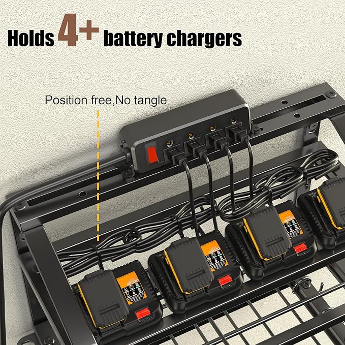 Power Tool Organizer With Charging Station, Heavy Duty Steel 4 Slots, Tool Battery Holder with 4 Outlet Power Strip, Easy To Install Garage Storage Rack for Workshop/Shed Gift For Men