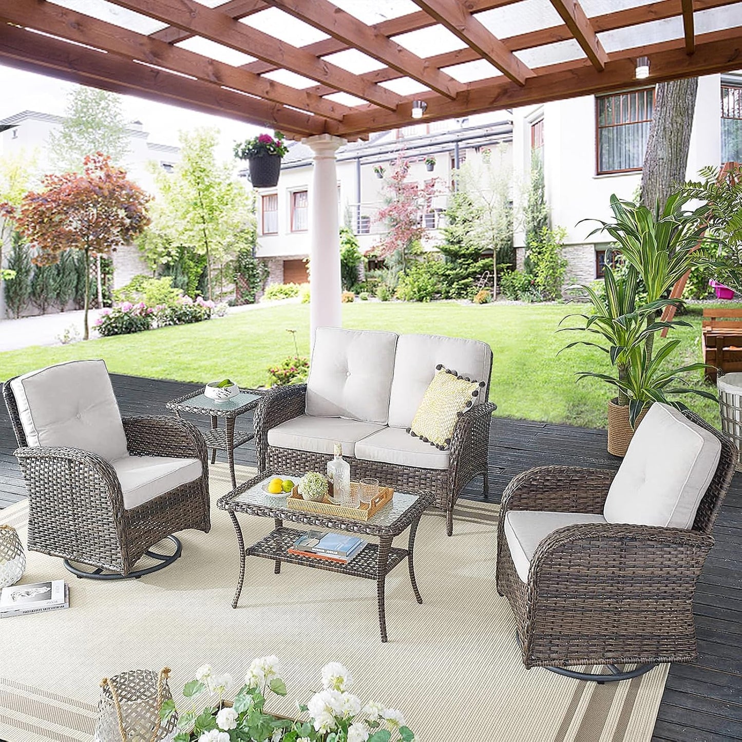 Outdoor Wicker Furniture Set with Swivel Chairs, 5 Piece Small Patio Conversation Sets with Rattan Loveseat Coffee Table for Patio Deck Porch Backyard, Brown Wicker Beige Cushion