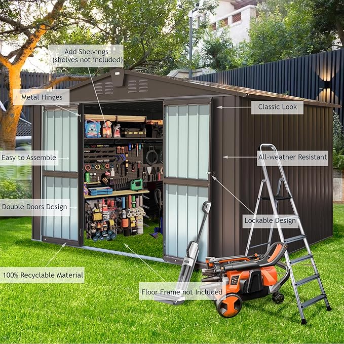 Domi Outdoor Storage Shed 10' x 8’, Metal Garden Shed with Galvanized Steel Frame for Bike, Tools, Lawn Mowers, Pool Toys, Outdoor Storage Cabinet with Lockable Door for Garden Lawn Patio (Dark Brown)