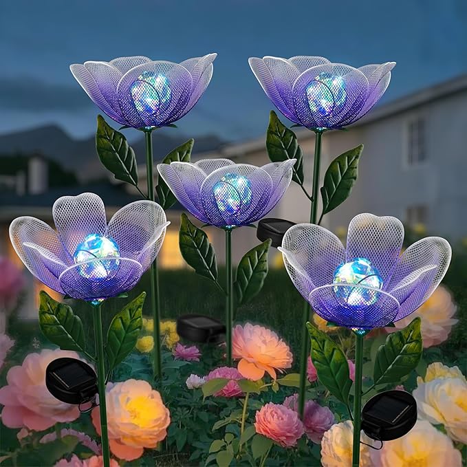Solar Lights Outdoor Garden, 2 Pack Solar Powered Metal Flowers LED Breathing Light Waterproof,Solar Flowers for Outside Patio Lamp,Garden Gifts for Women,Landscape Lighting,Yard Pathway Decor