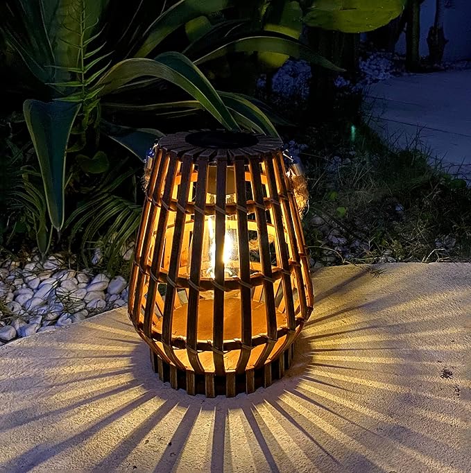 Hanging Solar Lantern Rattan Outdoor Lanterns for Patio Waterproof with Handle Large Bright Natural Bamboo Solar Table Lamp LED Lights Edison Bulb Design Decor for Wedding Yard Garden Farmhouse