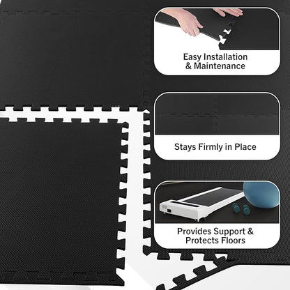 EVA Foam Mat Tiles 18-Pack - 72 SQ FT of Interlocking Padding for Garage, Playroom, or Gym Flooring - Exercise Mat or Baby Playmat by Stalwart (Black)