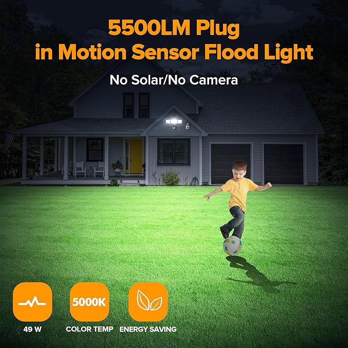 LUTEC 49W Motion Sensor Outdoor Lights, 5500 LM Plug in Flood Light Outdoor, Dusk to Dawn, IP65 Waterproof Security Lighting, 5000K Daylight, Adjustable Wall-Mounted for Garage, Yard, Porch (Black)