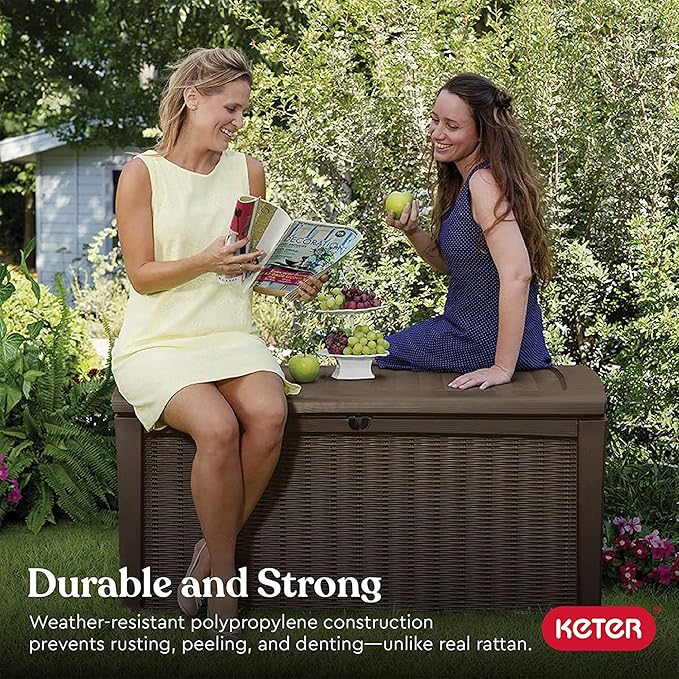 Keter Outdoor Storage Deck Box, for Patio, Backyard & Garden, Borneo, 110 Gallon, Brown - Lockable, Organizing, and Waterproof Plastic Container Bench