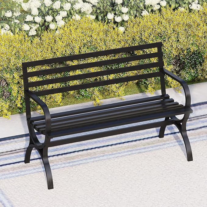 PHI VILLA Outdoor Garden Bench, 48” Long Metal Steel Bench with Backrest and Armrests, Modern Slatted Design for Patio, Lawn, Yard, Porch - Black