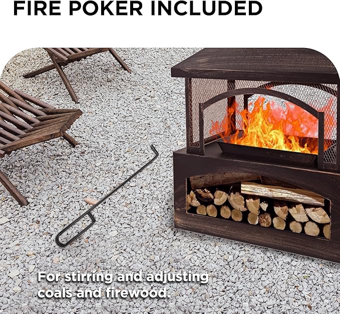 Bestier 37" Fire Pits, Wood Burning Fireplace for Outside Rectangular Chiminea Outdoor Firepits with Poker, Wood Storage, Rain Cover and Removable Fire Grill for Patio, Garden, Backyard, Camping