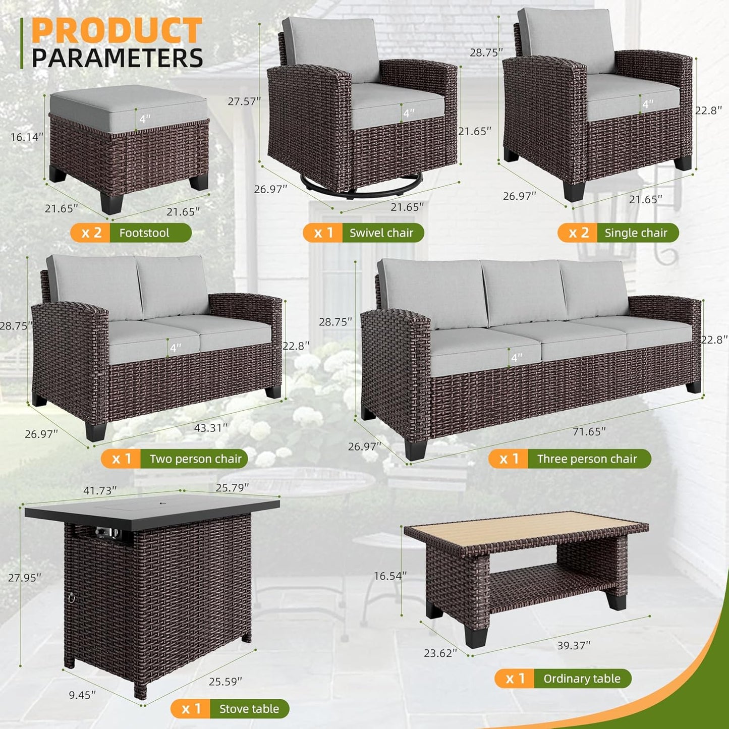 Outdoor Patio Sectional Sofa Set, 6-Piece Rattan Furniture, Patio Conversation Sets with Ottomans, Seats 7, Light Grey