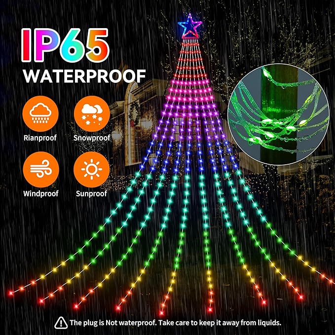 Christmas Decoration RGB String Lights, Outdoor Color Changing Christmas Lights 320 LED 16.4 Ft Star Tree Topper Fairy String Lights with 8 Light Modes for Christmas New Year Holiday Garden Yard