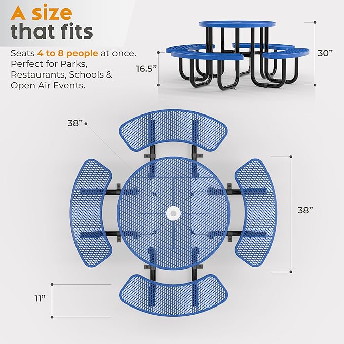 Metal Picnic Tables for Outdoors with Umbrella Hole - Coated Steel Heavy Duty Commercial Grade Table with Adjustable Seats (Blue, 38 in, Round, Expanded Steel)