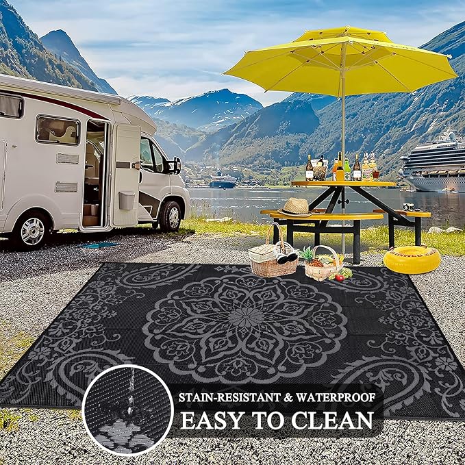 Pauwer Waterproof Outdoor Rug 8x10, Reversible Plastic Straw Patio Camping Rug, Indoor Outdoor RV Mat Carpet for Deck, Camper, Porch, Balcony, Backyard, Picnic, Boho Black Grey