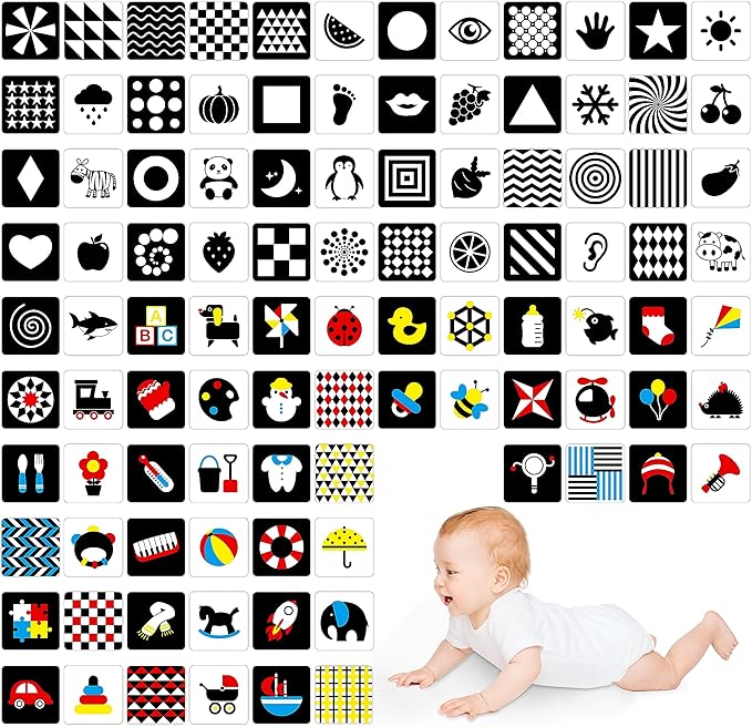 100 Pages Black White Colorful Baby Visual Stimulus Flashcard, 50 PCS High Contrast Baby Flashcards Sensory Toys for Newborn Infant Gift (2 Levels 0-6 Months, 5.5” X 5.5”)