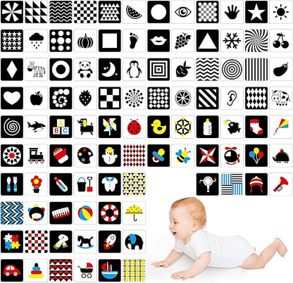 100 Pages Black White Colorful Baby Visual Stimulus Flashcard, 50 PCS High Contrast Baby Flashcards Sensory Toys for Newborn Infant Gift (2 Levels 0-6 Months, 5.5” X 5.5”)
