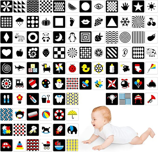 100 Pages Black White Colorful Baby Visual Stimulus Flashcard, 50 PCS High Contrast Baby Flashcards Sensory Toys for Newborn Infant Gift (2 Levels 0-6 Months, 5.5” X 5.5”)