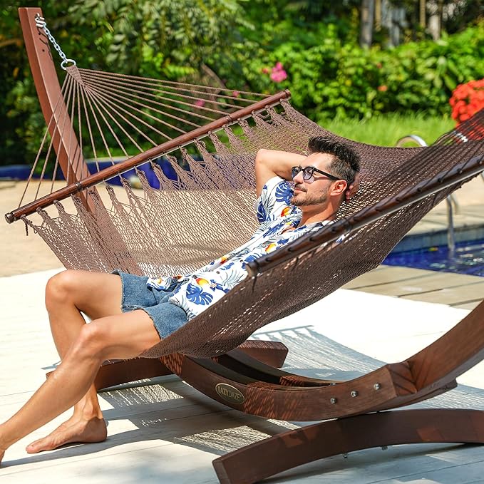 Lazy Daze Hammocks 10.5 FT Double 2 Person Caribbean Rope Hammock, Hand Woven Polyester Hammock with Spreader Bars for Outdoor Backyard Patio Poolside, 450 LBS Capacity, Brown