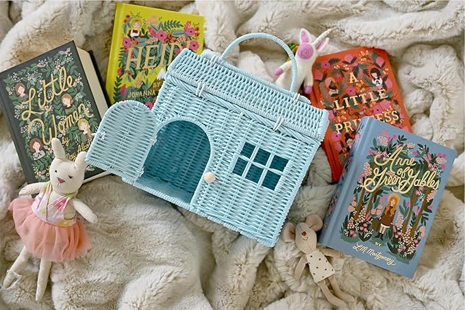 Rool Rattan House Shaped Basket Wicker Small Dollhouse Gift for Girls, Boho Toys, Mouse in a Box House, Little Girl Purse Clutch, Doll Carrier (Blue)