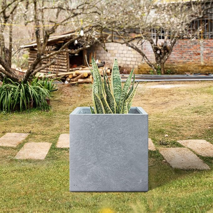 Kante 10 Inch Square Concrete Planter for Outdoor Indoor Home Patio Garden, Large Plant Pot with Drainage Hole and Rubber Plug, Slate Gray