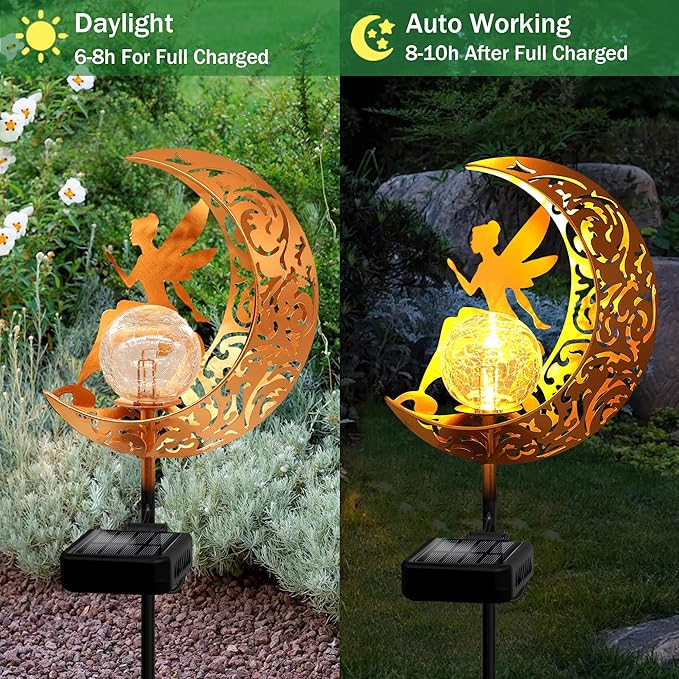 YJFWAL Garden Solar Lights Pathway Stake Lights Moon Fairy Glass Globe with Angel Decor, Outdoor Decorative Lights Waterproof for Walkway, Yard, Lawn, Patio or Courtyard Halloween Decor(Warm White)
