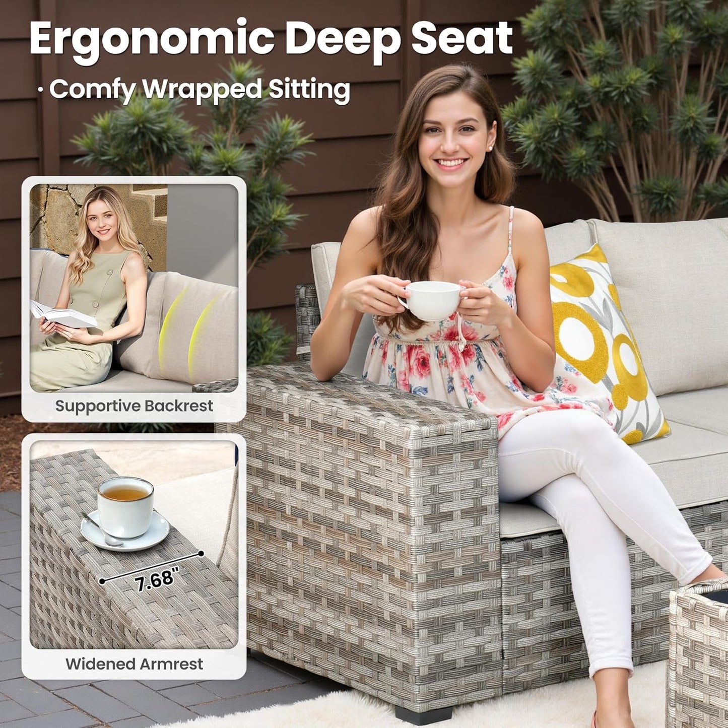 ovios 9 Pieces Patio Furniture Set, Outdoor Wicker Sectional Sofa with 42" Fire Pit Table Swivel Chair, Modern Modular Deep Seat Rattan Couch Conversation Sets, Beige