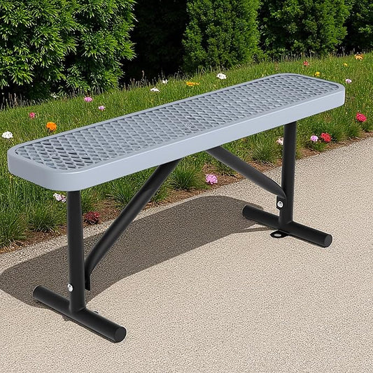 48" L Outdoor Steel Flat Bench, Heavy Duty Metal Park Bench for Outside, Expanded Metal, Commercial Benches Mesh Bench for Shopping Mall, Store, Lawn, Park, Patio, Deck, Garden (Grey, 4FT)