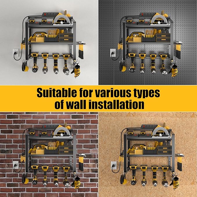 Power Tool Organizer With Charging Station, Heavy Duty Steel 4 Slots, Tool Battery Holder with 4 Outlet Power Strip, Easy To Install Garage Storage Rack for Workshop/Shed Gift For Men