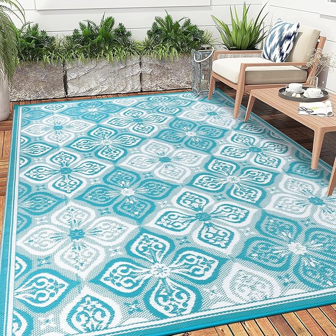 Pauwer Waterproof Outdoor Rug 9x12, Reversible Plastic Straw Patio Camping Rug, Indoor Outdoor RV Mat Carpet for Deck, Camper, Porch, Balcony, Backyard, Picnic, Clover Teal
