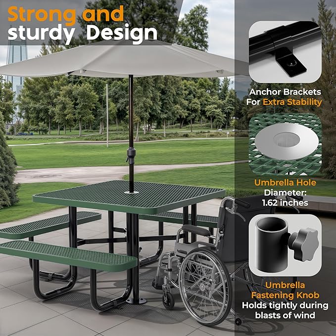 Metal Picnic Tables for Outdoors with Umbrella Hole - Coated Steel Heavy Duty Commercial Grade Table with Adjustable Seats (Green, 46 in, Square, Expanded Steel)