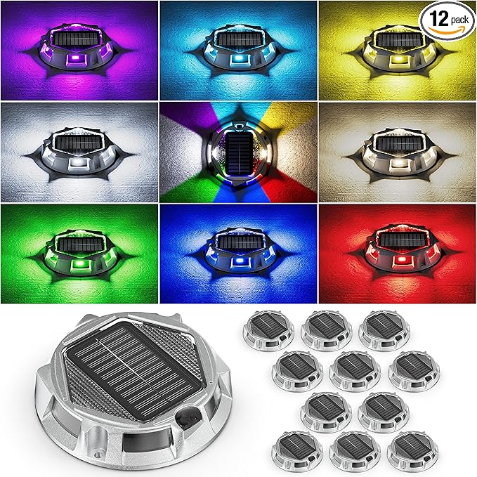 12Pack Aluminum Alloy Solar Driveway Lights, IP68 Solar Deck Light Marine Dock Lights Outdoor Waterproof, Multi-color LED Driveway Markers for Walkway, Path Decor [12Modes - Strobe/RGB/Fix-color]