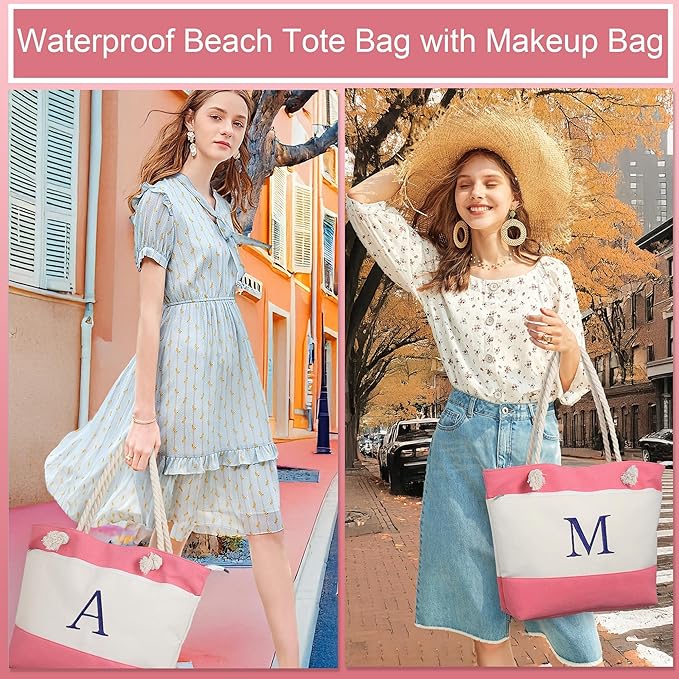 YOOLIFE Beach Bags for Women - Initial Tote Waterproof Bag with Makeup Bag, Mothers Day Gifts for Women Mom Friend Birthday
