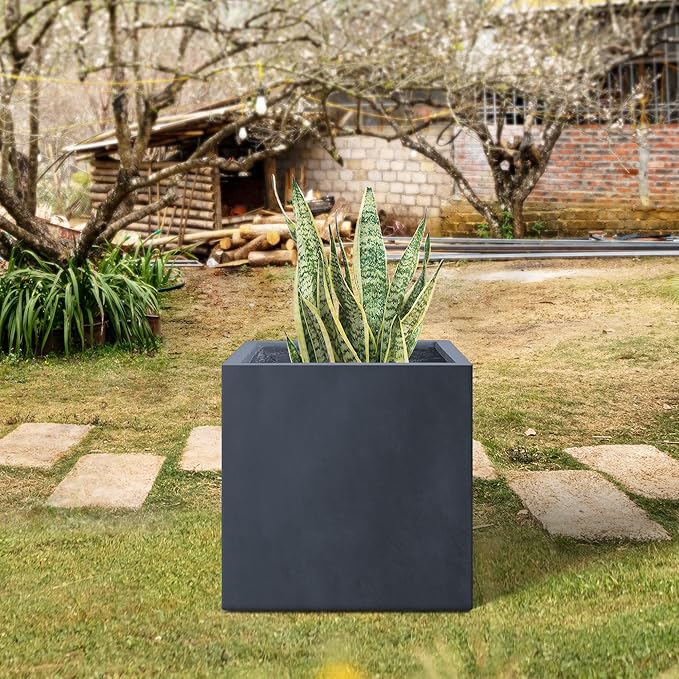 Kante 16 Inch Square Concrete Planter for Outdoor Indoor Home Patio Garden, Large Plant Pot with Drainage Hole and Rubber Plug, Charcoal