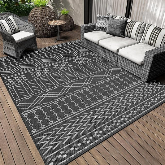 Outdoor Rug Carpet Waterproof 8x10 ft Patio Rug Mat Indoor Outdoor Area Rug for RV Camping Picnic Reversible Lightweight Plastic Straw Outside Rug for Patio Decor Decoration Boho Rug Black White