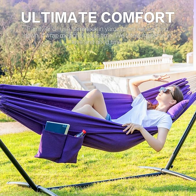 PNAEUT Double Hammocks with Stand for Outside, Portable Space Saving Heavy-Duty Steel Stand for Indoor Outdoor Patio with Carrying Bag, 450 lbs Capacity (Purple)