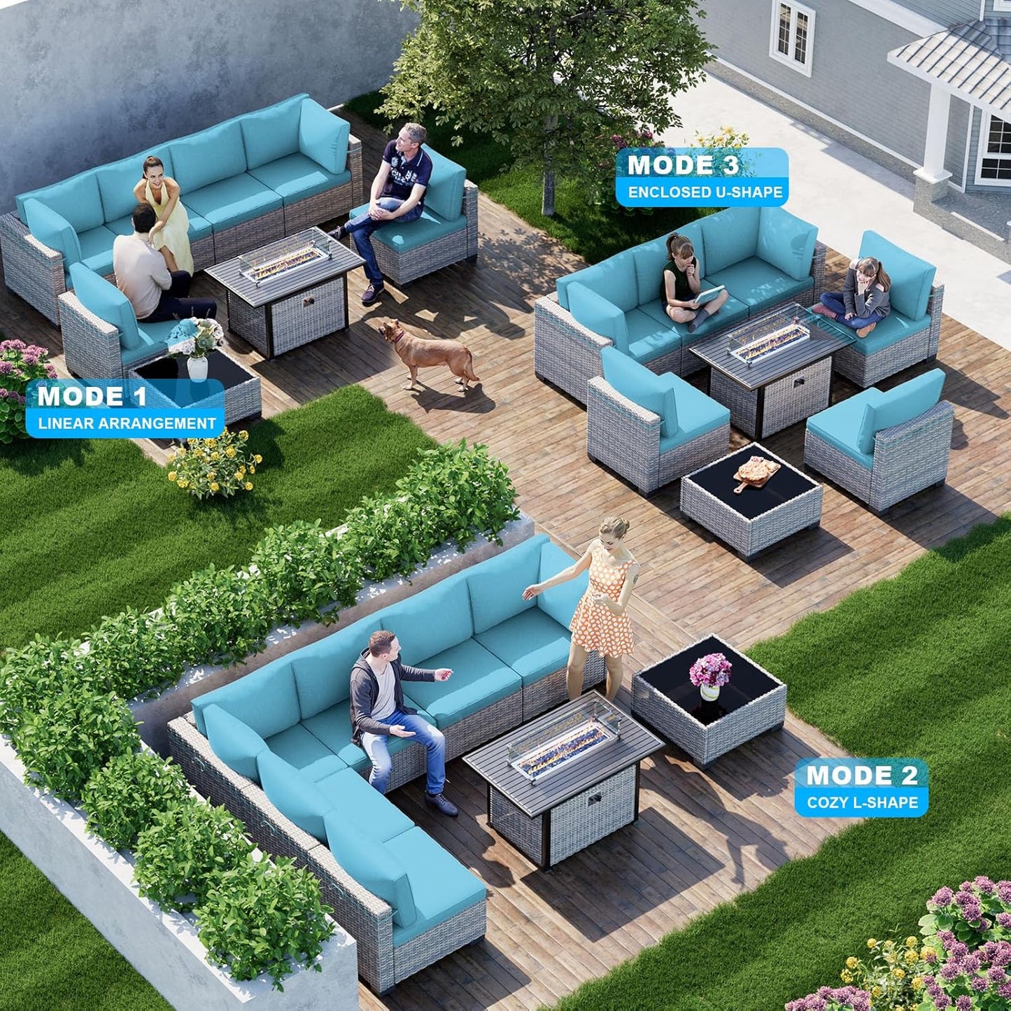 8-Piece Modern Patio Conversation Set with 55,000 BTU Fire Pit Table, Thick Cushions, Dual-Strand Wicker Rattan, Rust-Resistant Frame, Lake Blue