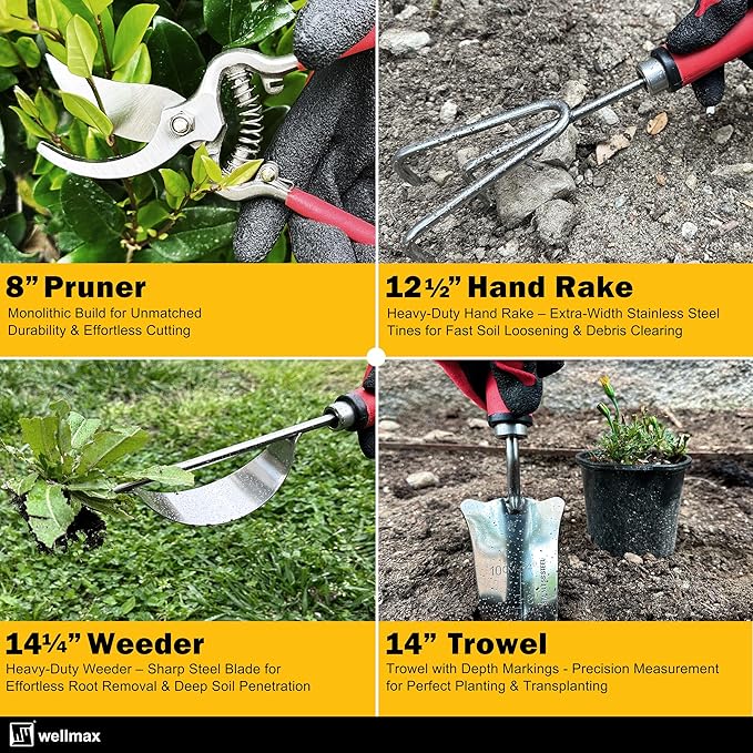 Wellmax 12-Piece Heavy-Duty Garden Tools Set with Bonus Accessories – Heavy Duty Garden Tools with Non-Slip Rubber Grip, Perfect for Digging, Weeding, Pruning & Planting