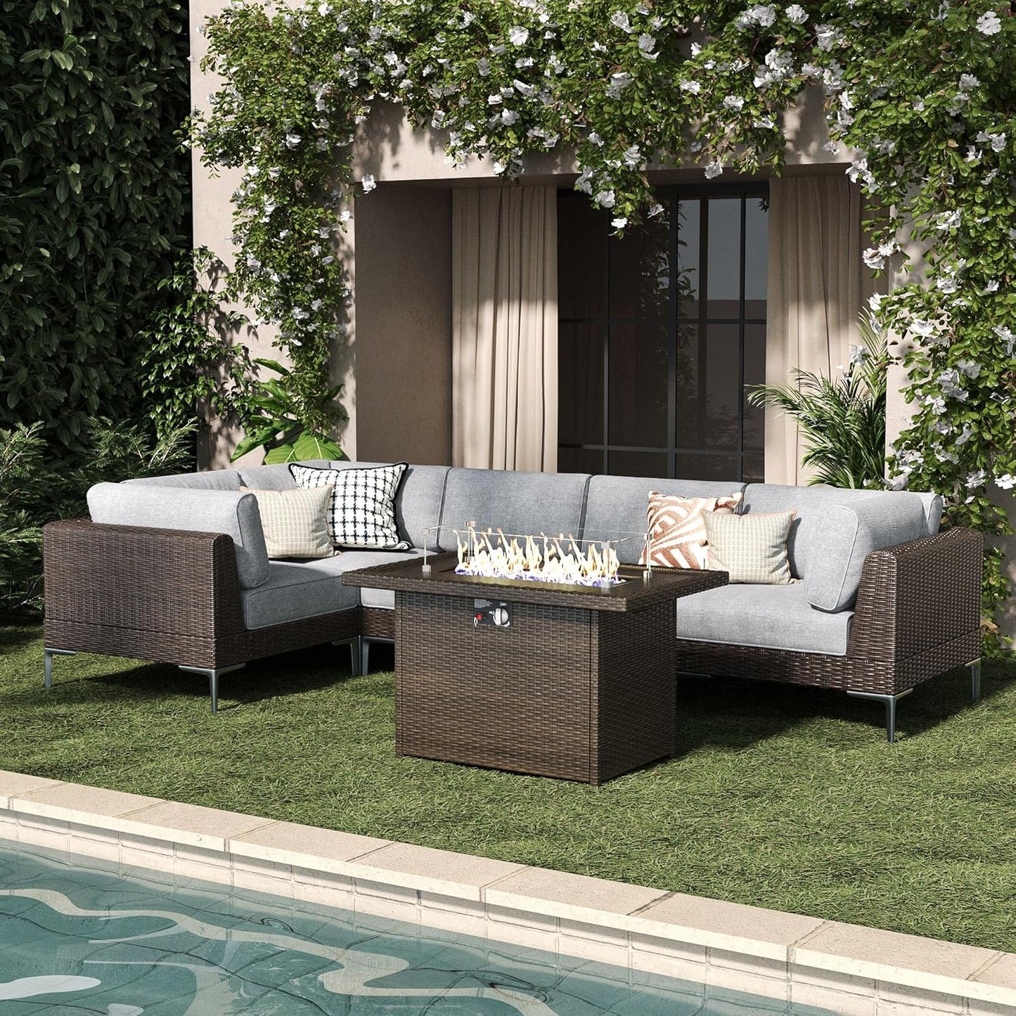 LayinSun 6-Piece Outdoor Modular Wicker Sectional Sofa with Fire Pit Table, Patio Furniture Conversation Set with Deep Seating and Thick Cushions
