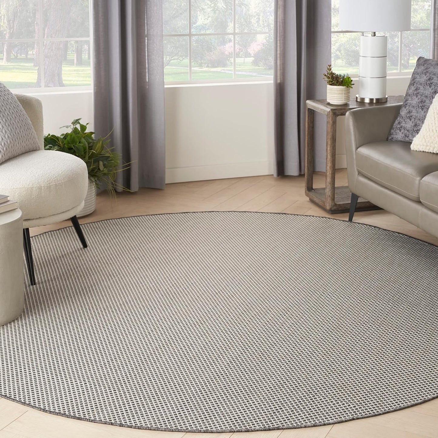 Nourison Home Courtyard Indoor/Outdoor Ivory/Charcoal 6' x Round Area Rug, Easy Cleaning, Non Shedding, Bed Room, Living Room, Dining Room, Backyard, Deck, Patio (6 Round)
