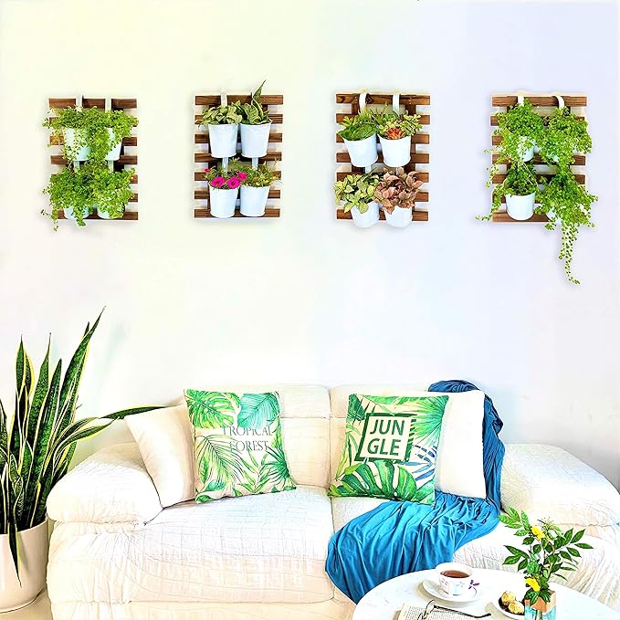 ShopLaLa Wall Planters - 4 Pack Wooden Hanging Planter for Indoor Outdoor Plants, Air Plant Succulent Orchid Holder, Live Vertical Garden Wall Mounted Plant Stand, Wall Christmas Decor 15.7" (40cm)