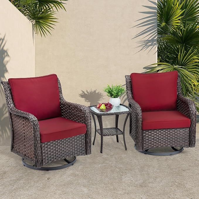 Towallmark Outdoor Swivel Wicker Glider Patio Chairs with Table Set, 3 Pieces Outdoor Bistro Set with 4”Thick Cushions and Coffee Table for Porch, Balcony, Deck (Red)