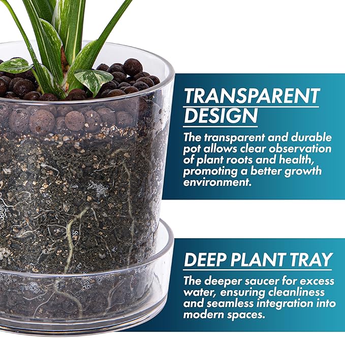 Phoenix Vine 6.5 Inch 4.5 Inch Clear Acrylic Houseplants Planter Pot with Tray, Orchid Pot with Drainage Holes, Deep Saucer for Bottom Watering, Modern Transparent Containers for Indoor Plants, Herbs,