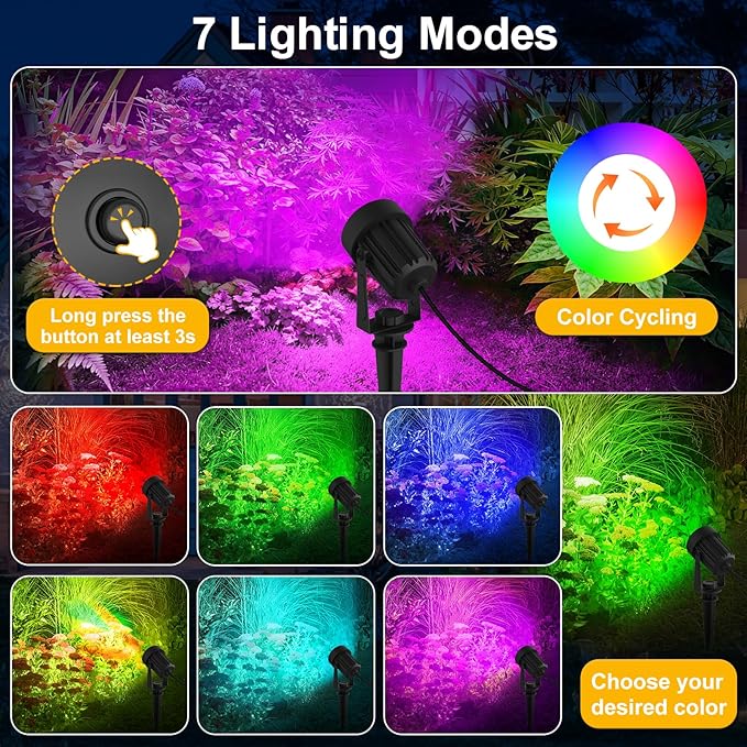 T-SUNUS Solar Spot Lights Outdoor Color Changing 6-in-1, Solar Landscape Spotlights RGB Lighting Waterproof IP65 Wall Lamp 9.8ft Cable for Patio Pathway Yard Garden Holiday (Multi-Color)